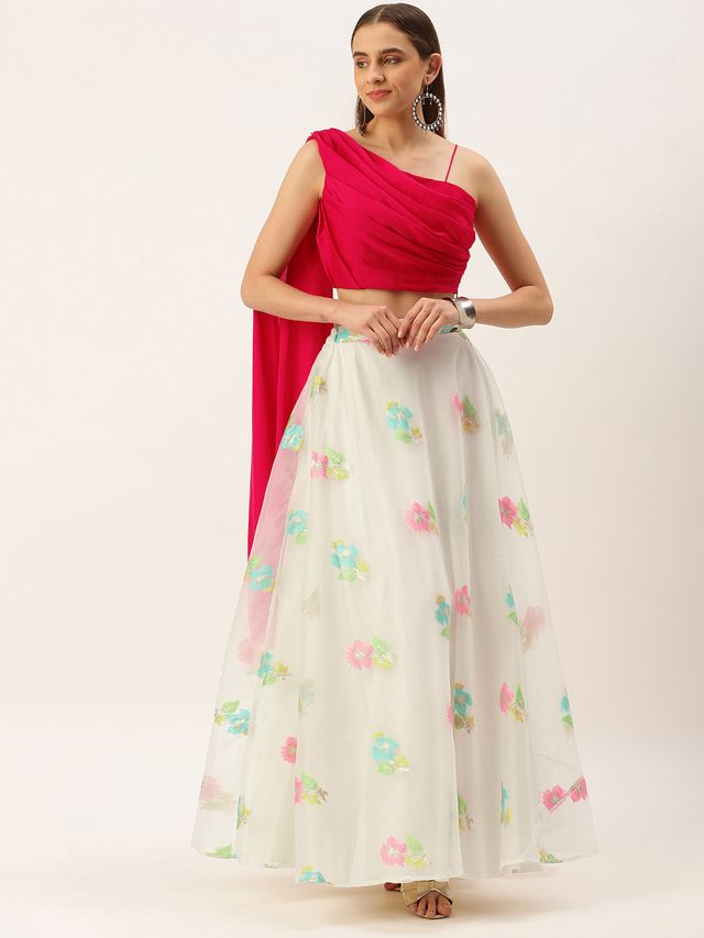 Bollywood Vogue Ready To Wear Off White Organza Jacquard Skirt N Top