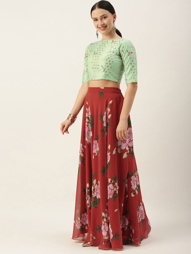 Bollywood Vogue Ready To Wear Green N Rust Embroidered Crop Top N Skirt