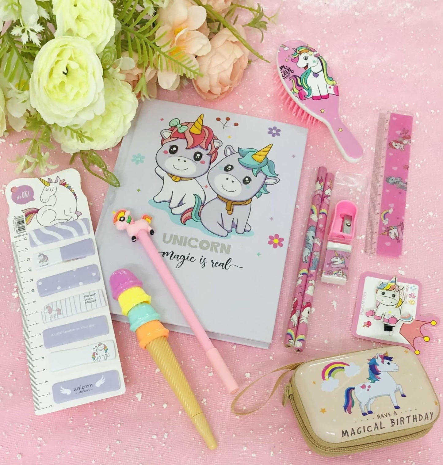 Unicorn Theme Tin Pouch, Diary, Pen, Pencil Eraser And Hair Brush With Hair Clip - HalfPe