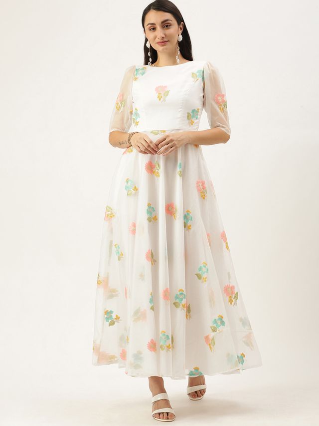 Bollywood Vogue Ready To Wear Off White Organza Ankle Length Dress