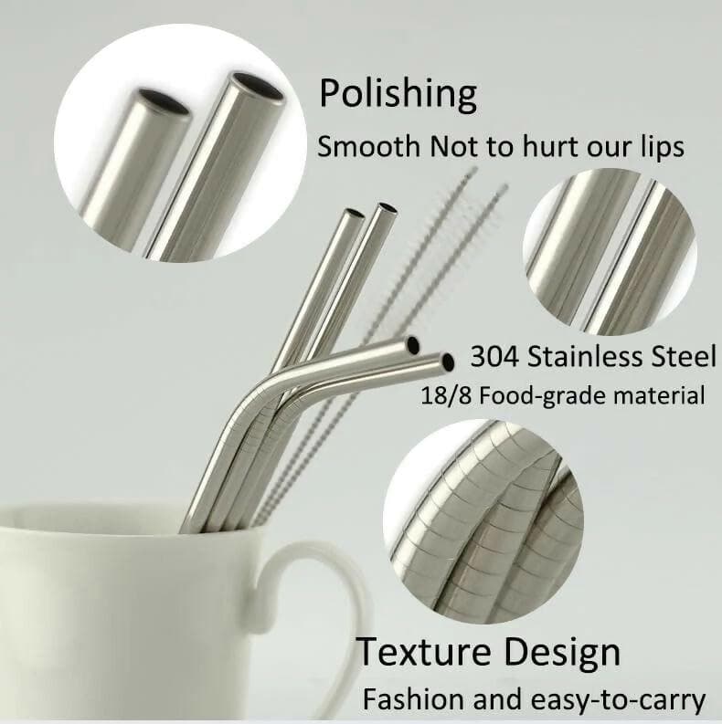 Stainless Steel Straws Set with Cleaning Brushes Bent Reusable Metal Straws (Pack of 8) - HalfPe