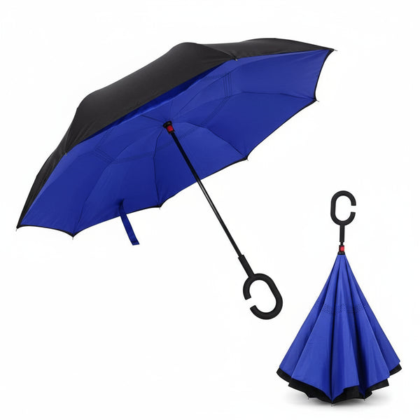 Plain Design Windproof Upside Down Reverse Umbrella With C-shaped Handle