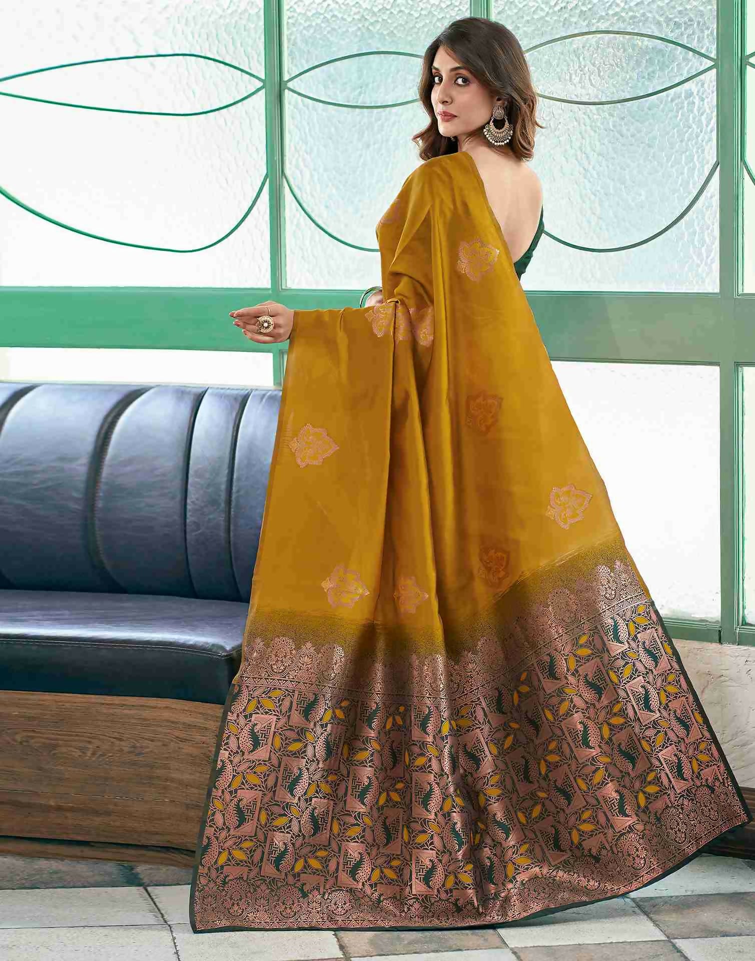 AXONIT Royal Emerald Premium Soft Silk Saree with Intricate Golden Zari Weaving and Rich Mustard-Gold Pallu