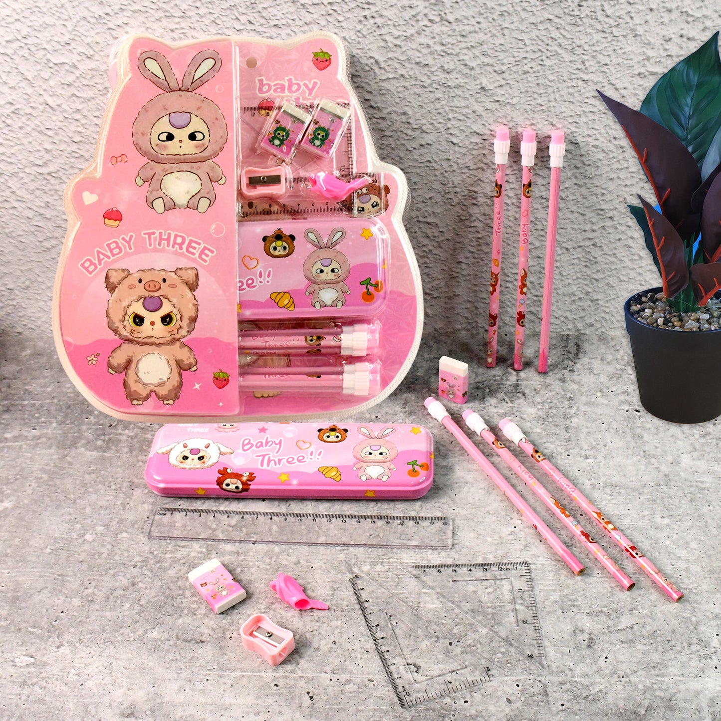 Cartoon Stationery Gift Set for Kids of Includes Metal Pencil Box, 6 Pencils, 2 Erasers, Sharpener, Ruler, 2 Square & More  (14 Pc)