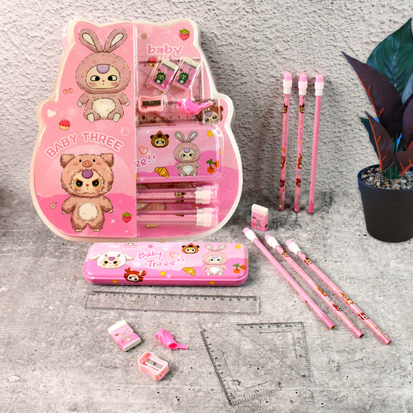 Cartoon Stationery Gift Set for Kids of Includes Metal Pencil Box, 6 Pencils, 2 Erasers, Sharpener, Ruler, 2 Square & More  (14 Pc)