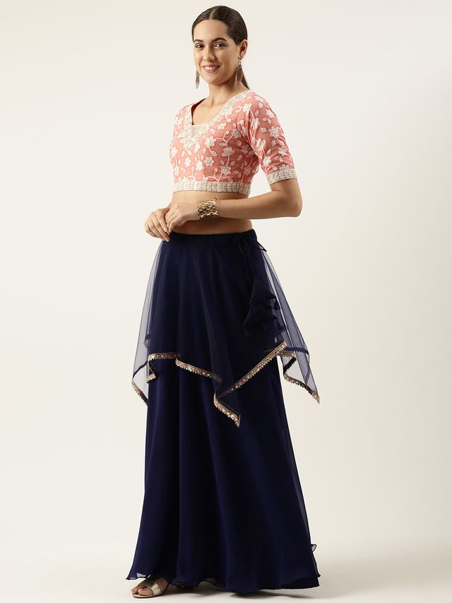 Bollywood Vogue Ready To Wear Navy Blue N Peach Embroidered Lehenga Set