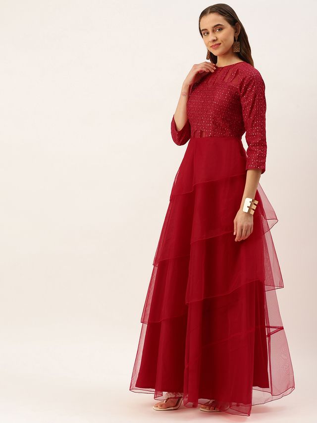 Bollywood Vogue Ready To Wear Dark Red Georgette Embroidered Layered Gown