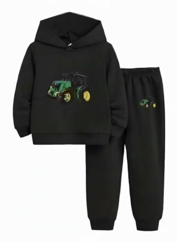 Kids' Black Hoodie and Joggers Set with Green Tractor Print Luck Fashion