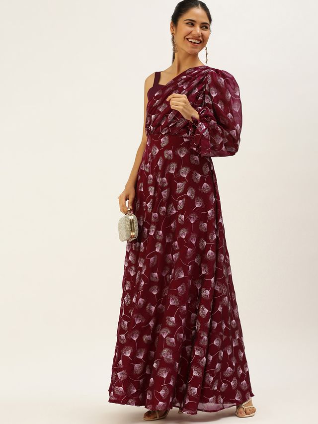 Bollywood Vogue Ready To Wear Maroon Foil Printed Maxi Dress