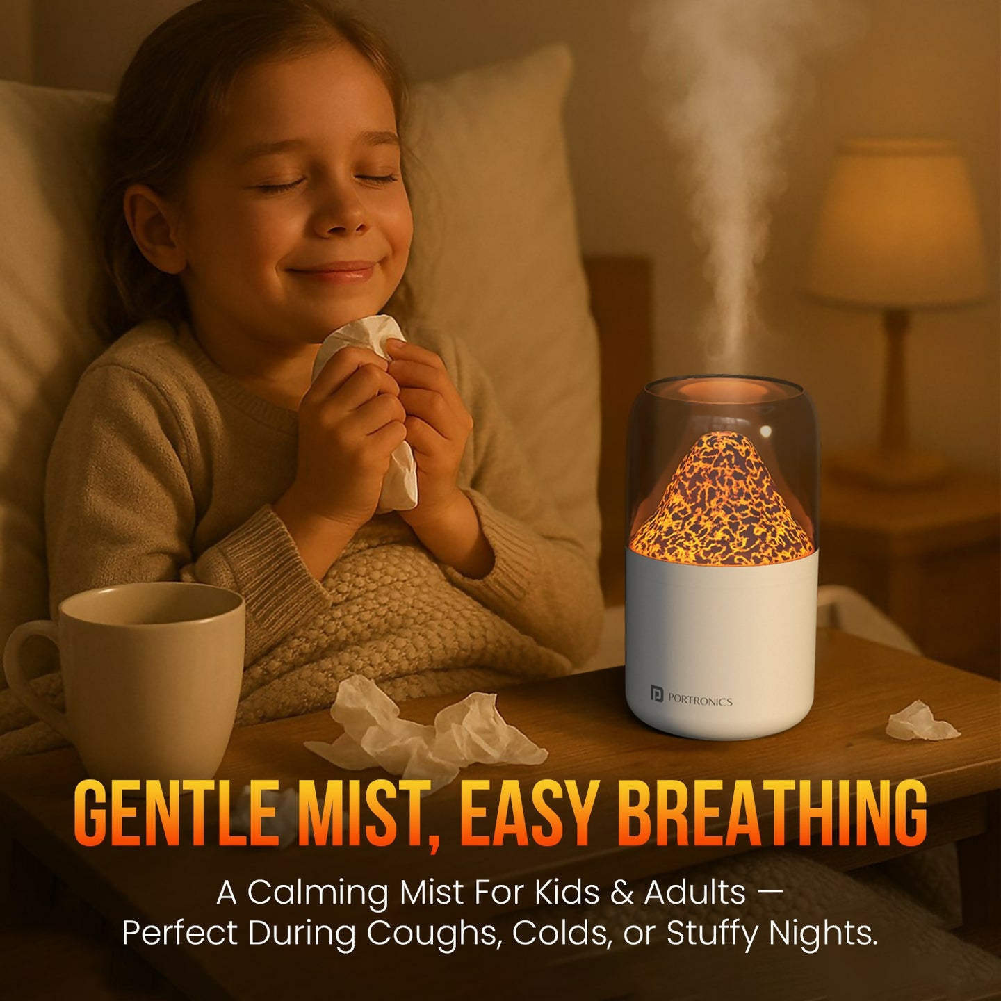 Portronics Magma 2-in-1 Volcano Water Mist Humidifier & Night Lamp, Type-C Powered, Dual Mist & Light Modes, Skin Hydration & Easy Breathing