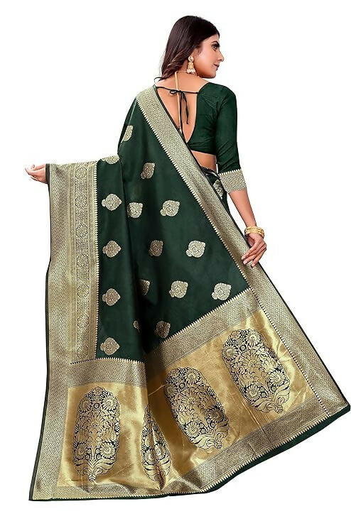 AXONIT Jacquard Silk Saree with Heavy Golden Zari Butta & Antique Gold Border