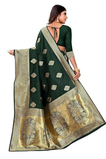 AXONIT Jacquard Silk Saree with Heavy Golden Zari Butta & Antique Gold Border