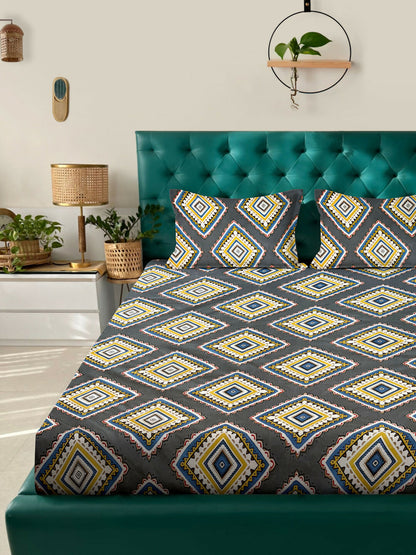 GAURA 218x240 cm Double Bedsheet with 2 Pillow Covers – Grey Geometric Diamond Print PANCHAJANYA FASHIONS