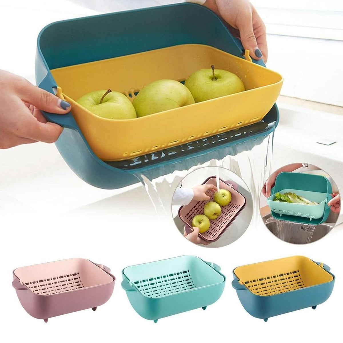 Double Layer Rotatable Strainer Bowl with Handles BPA-Free Plastic for Washing & Serving HP DD