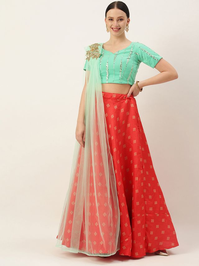 Bollywood Vogue Ready To Wear Red N Green Embroidered Floor Length Lehenga Set