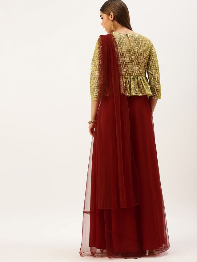 Bollywood Vogue Ready To Wear Gold N Red Embroidered Net Layered Gown