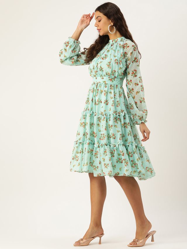 Bollywood Vogue Ready To Wear Mint Green Georgette Digital Printed Dress
