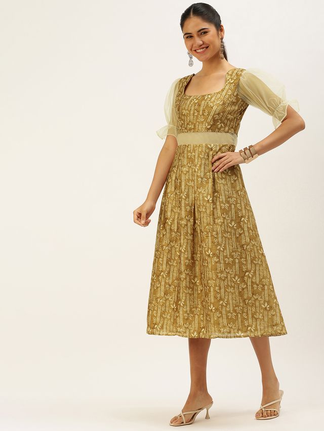 Bollywood Vogue Ready To Wear Green Printed Art Silk Dress