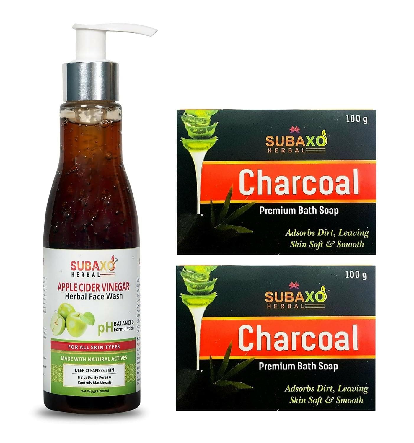 Subaxo Charcoal Bath Soap (75 g Each, Pack Of 2) & Apple Cider Vinegar Deep Cleansing Skin Glowing Face Wash(200ml) - HalfPe