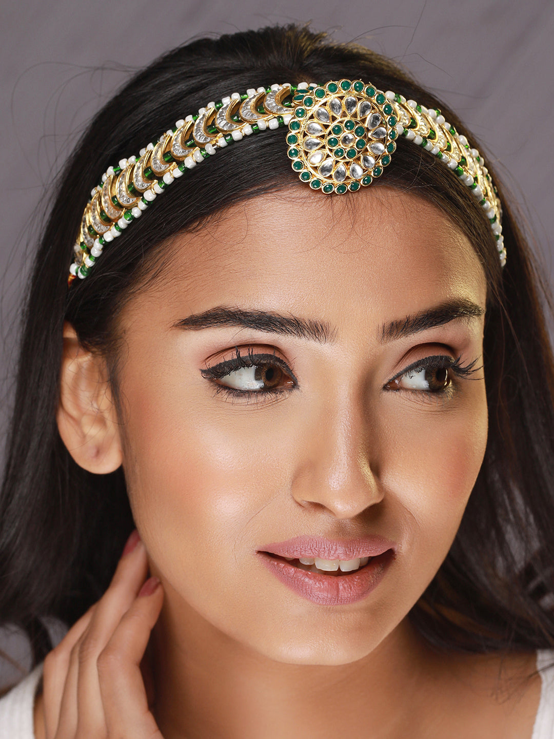Gold-Plated Green & White Stone-Studded & Pearl Beaded Meenakari Matha Patti