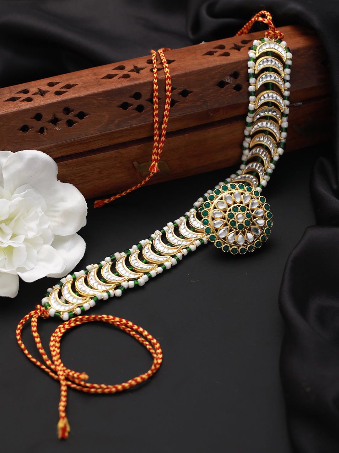 Gold-Plated Green & White Stone-Studded & Pearl Beaded Meenakari Matha Patti