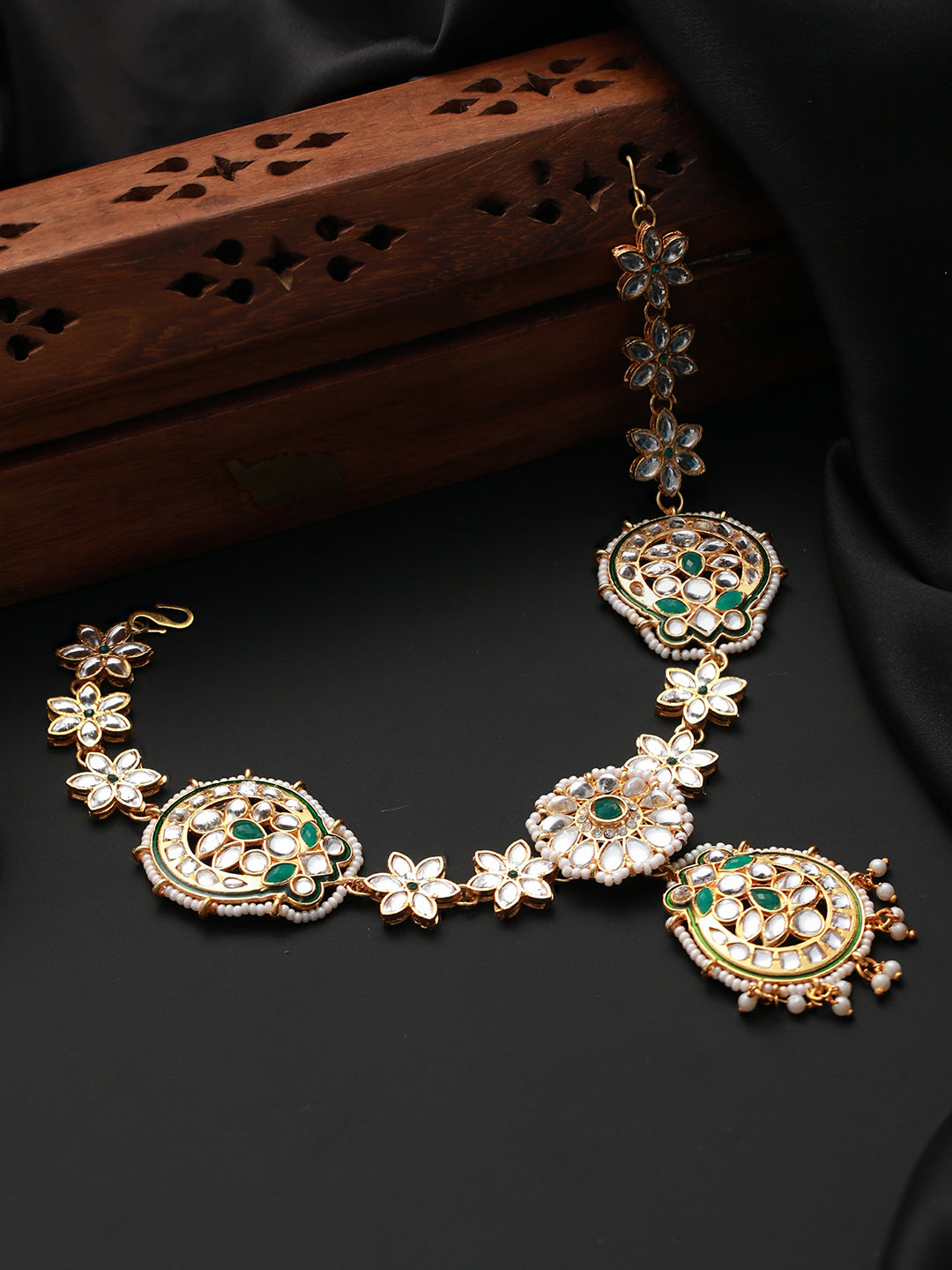 Gold-Plated Green & White Kundan-Studded & Pearl Beaded Meenakari Mathapatti