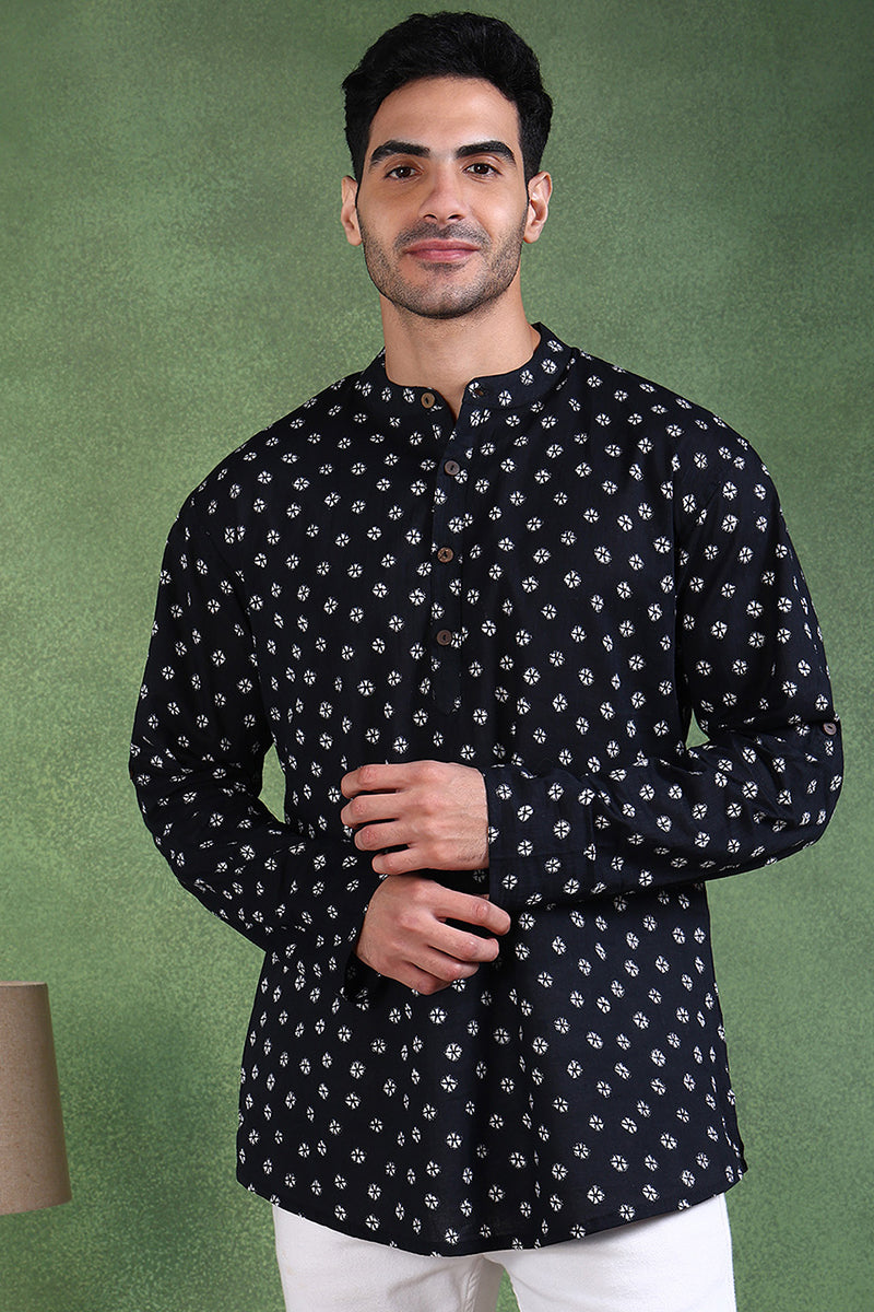 Ethnic Bay Black Cotton Bandhani Printed Straight Short Kurta For Men