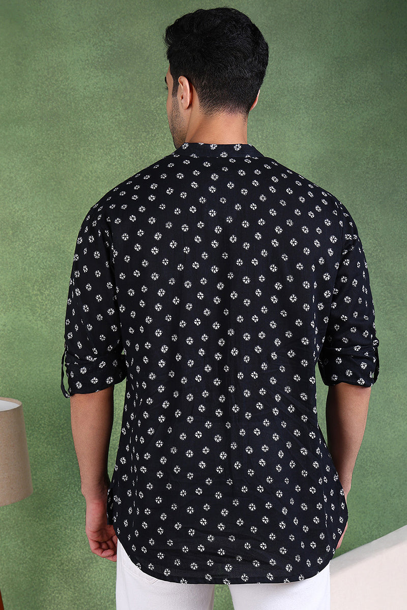 Ethnic Bay Black Cotton Bandhani Printed Straight Short Kurta For Men