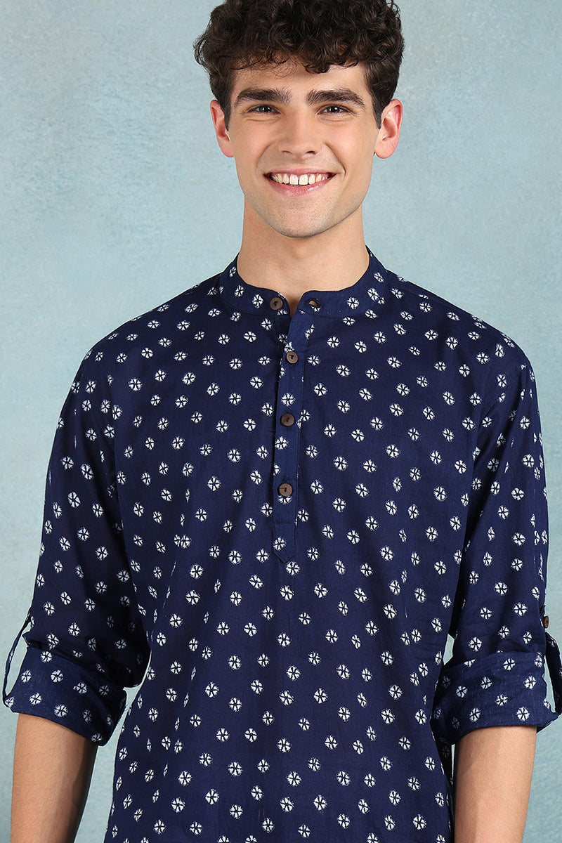 Ethnic Bay Blue Cotton Bandhani Printed Straight Short Kurta For Men