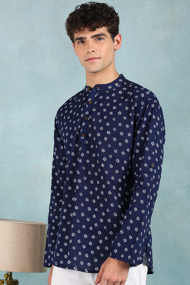Ethnic Bay Blue Cotton Bandhani Printed Straight Short Kurta For Men
