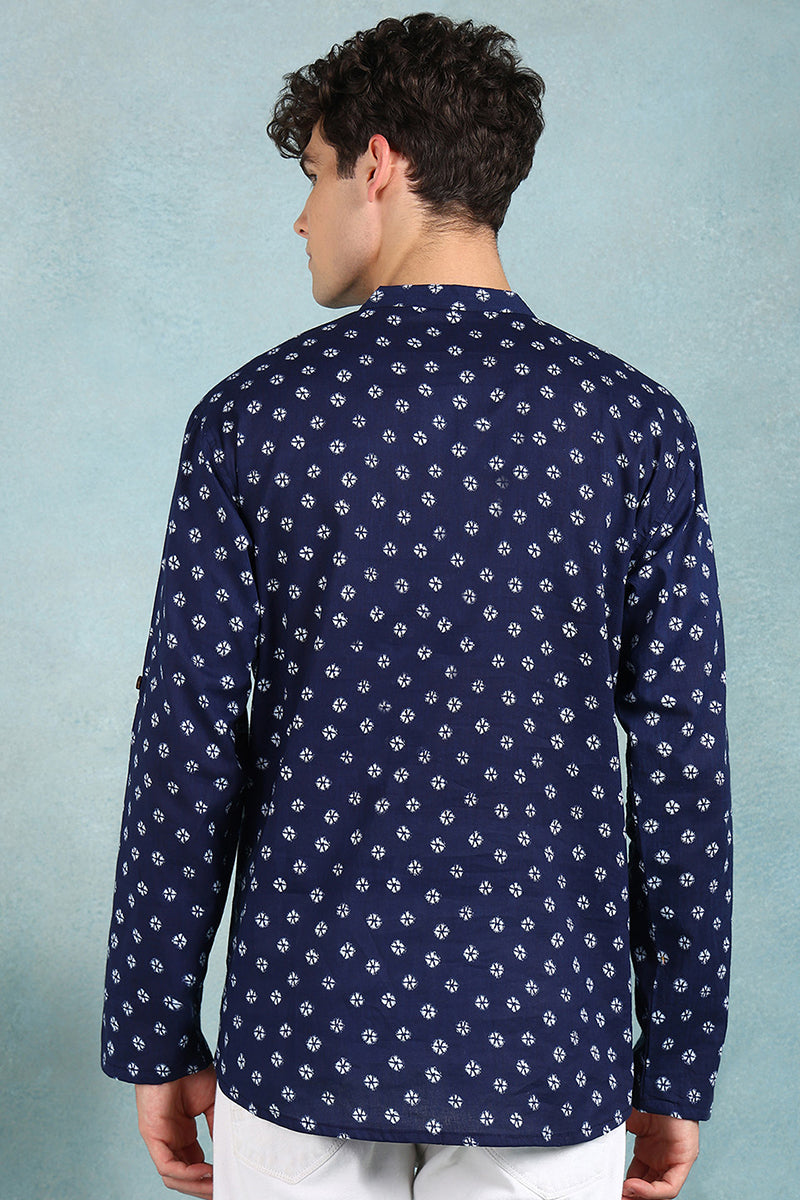 Ethnic Bay Blue Cotton Bandhani Printed Straight Short Kurta For Men