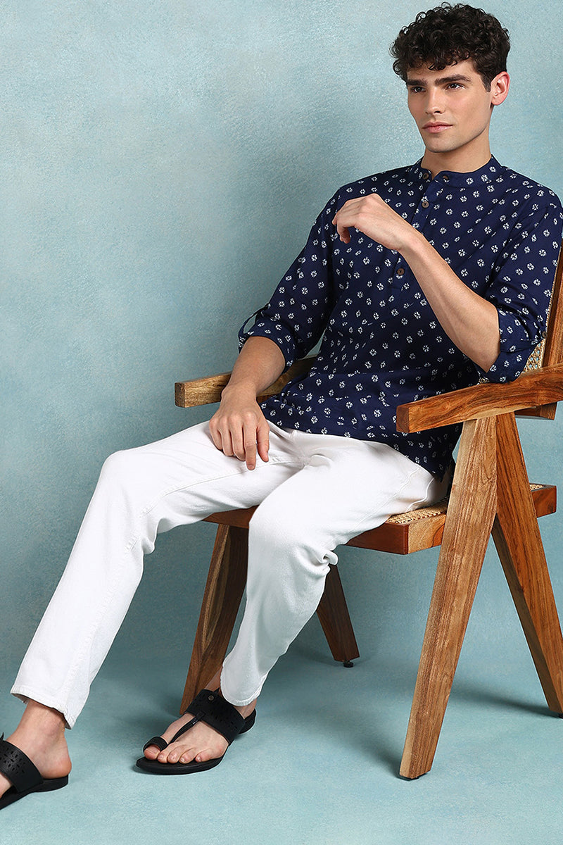 Ethnic Bay Blue Cotton Bandhani Printed Straight Short Kurta For Men
