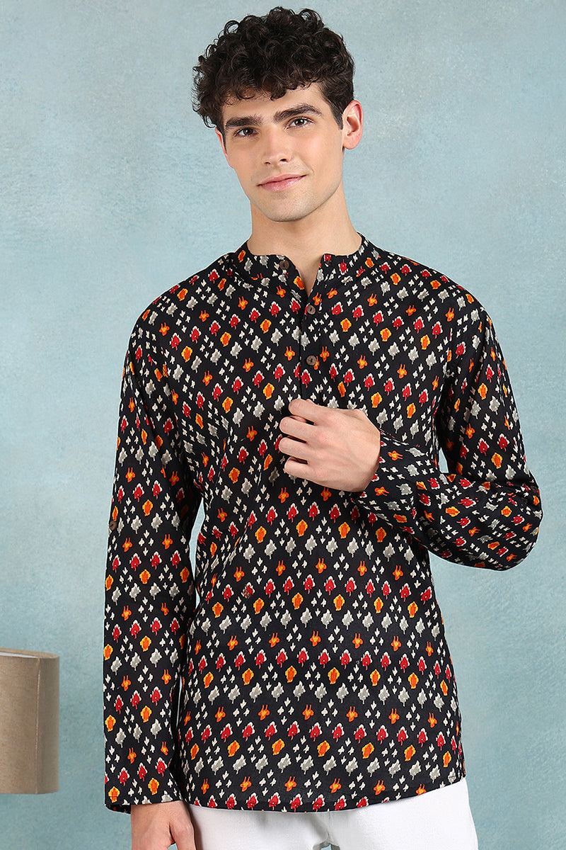 Ethnic Bay Black Cotton Ikat Printed Straight Short Kurta For Men