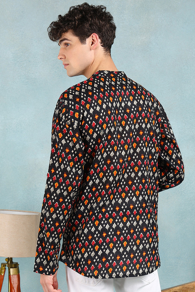 Ethnic Bay Black Cotton Ikat Printed Straight Short Kurta For Men
