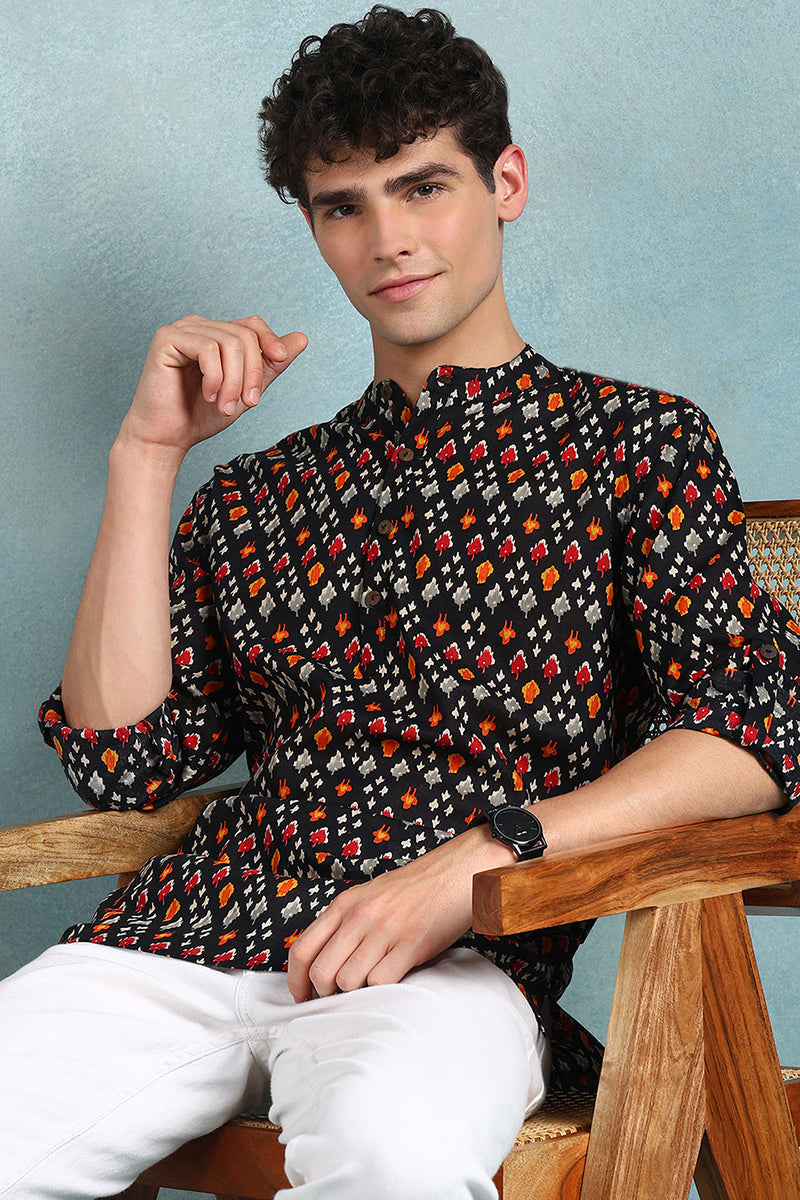 Ethnic Bay Black Cotton Ikat Printed Straight Short Kurta For Men