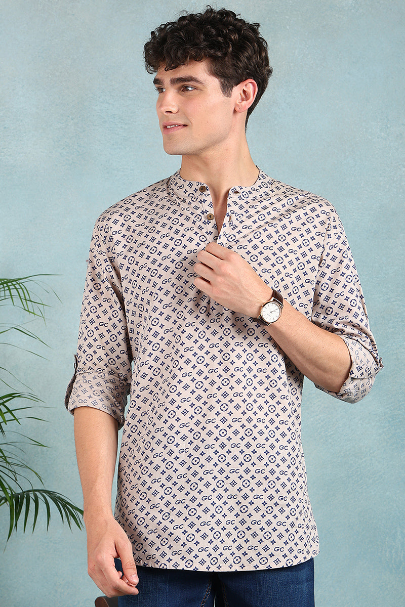 Ethnic Bay Beige Cotton Geometric Printed Straight Short Kurta For Men