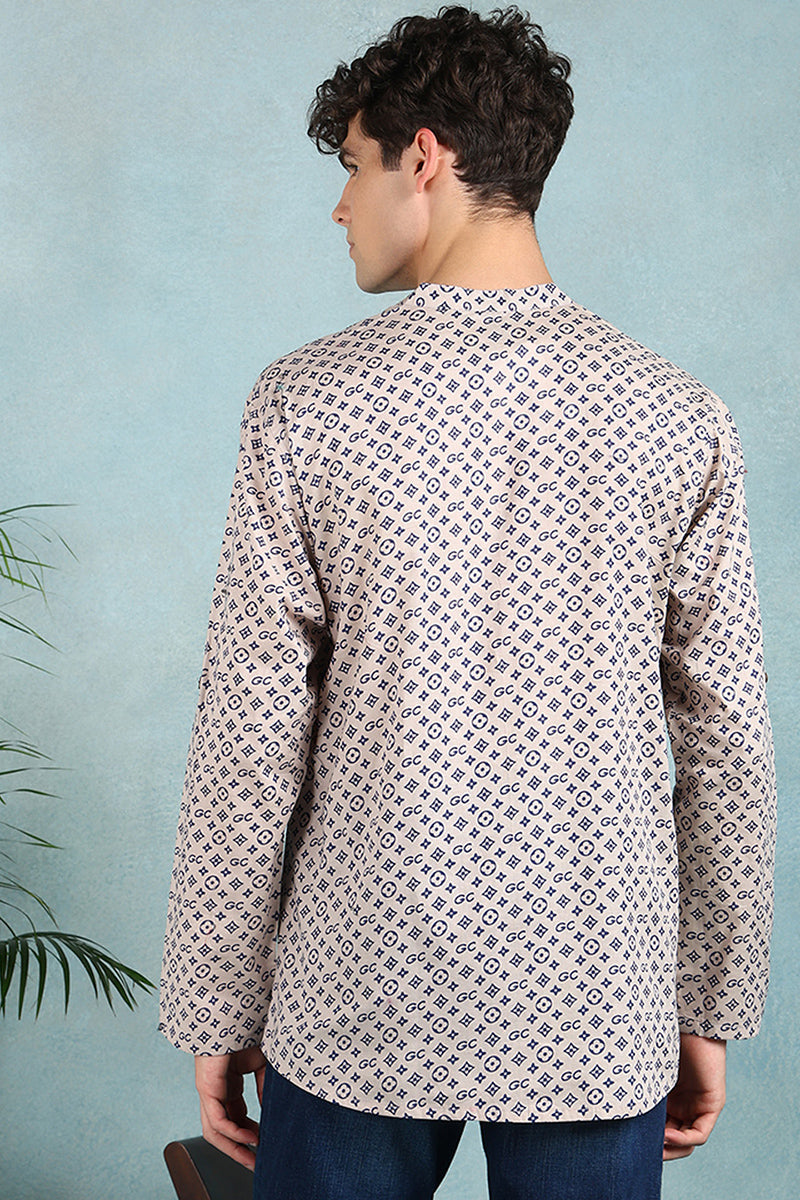 Ethnic Bay Beige Cotton Geometric Printed Straight Short Kurta For Men