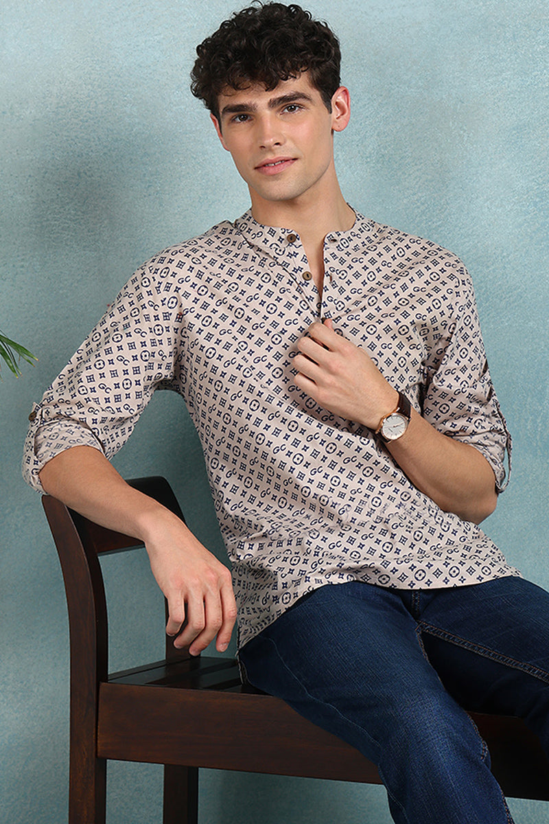 Ethnic Bay Beige Cotton Geometric Printed Straight Short Kurta For Men
