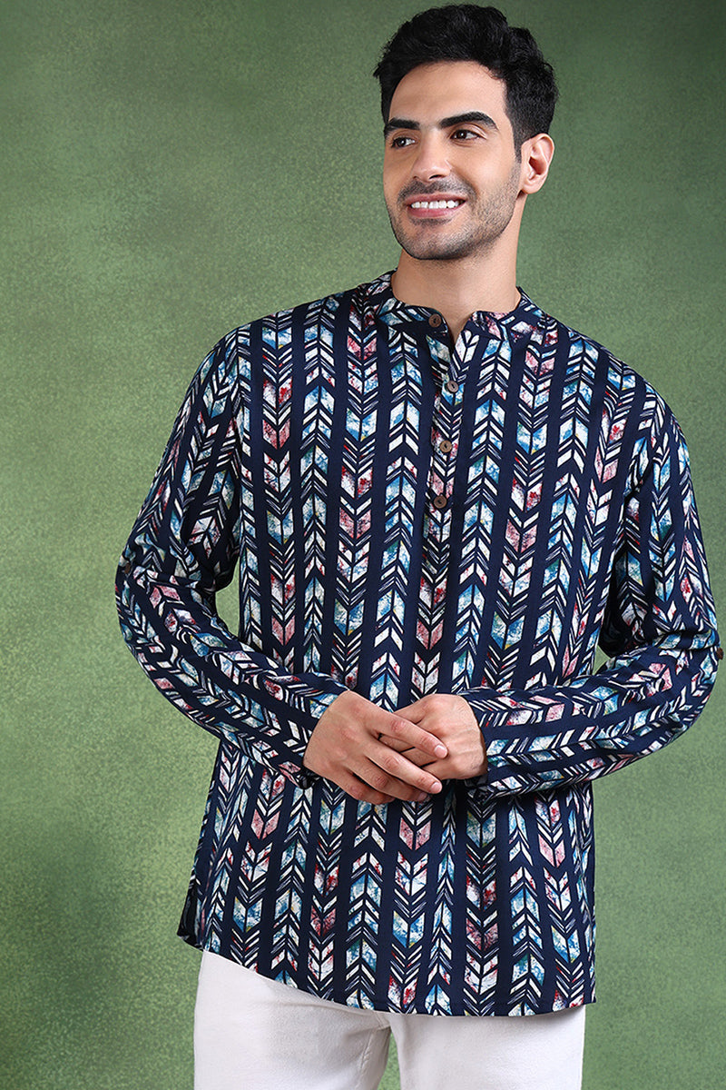Ethnic Bay Blue Viscose Rayon Chevron Printed Straight Short Kurta For Men