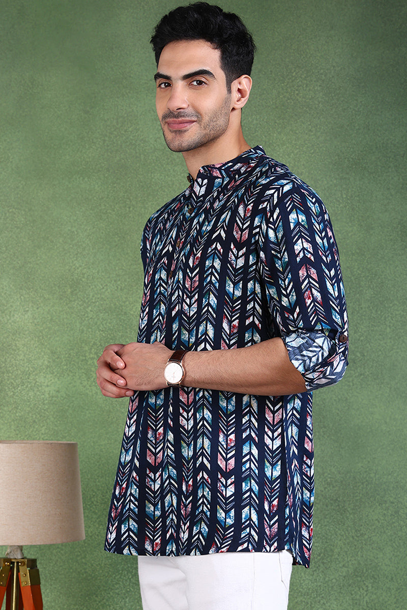 Ethnic Bay Blue Viscose Rayon Chevron Printed Straight Short Kurta For Men