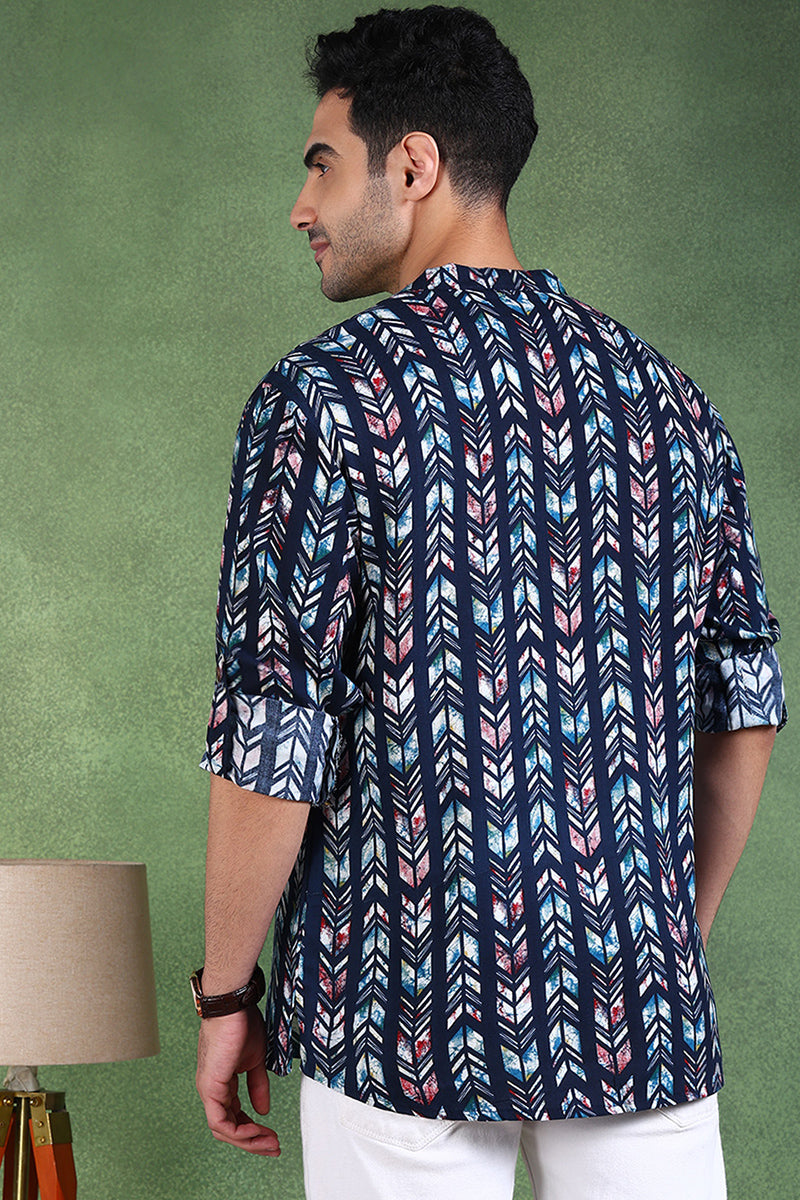 Ethnic Bay Blue Viscose Rayon Chevron Printed Straight Short Kurta For Men
