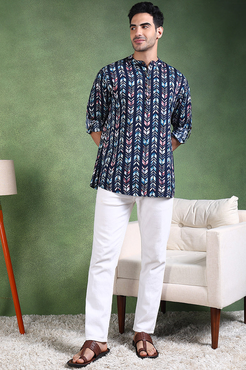 Ethnic Bay Blue Viscose Rayon Chevron Printed Straight Short Kurta For Men