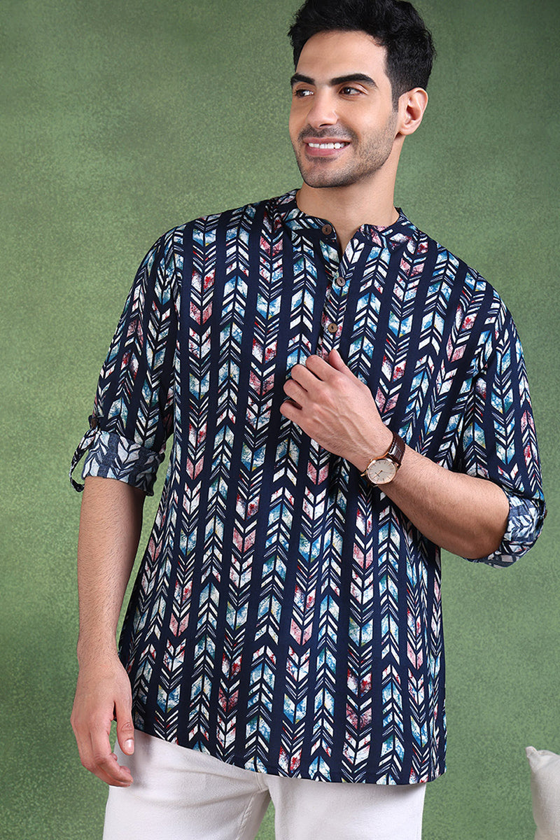 Ethnic Bay Blue Viscose Rayon Chevron Printed Straight Short Kurta For Men
