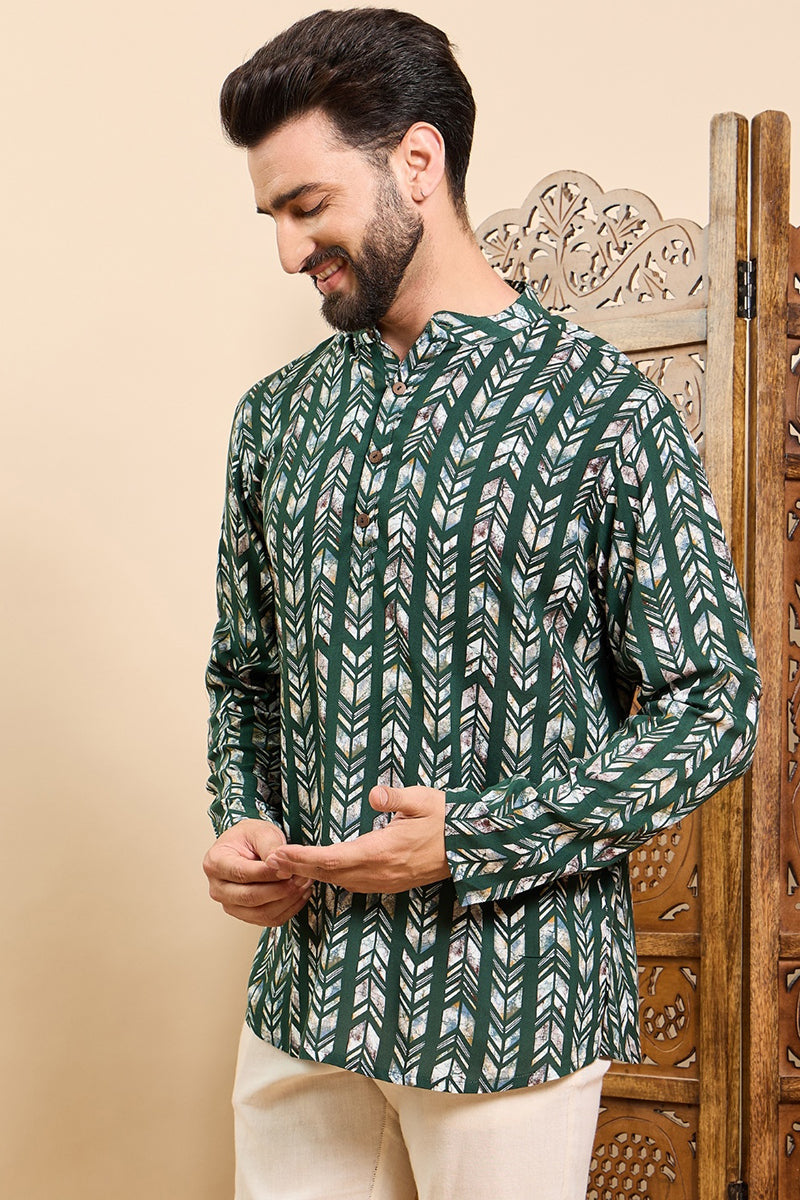 Ethnic Bay Green Viscose Rayon Chevron Printed Ethnic Straight Short Kurta For Men