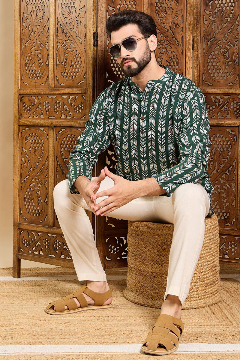 Ethnic Bay Green Viscose Rayon Chevron Printed Ethnic Straight Short Kurta For Men