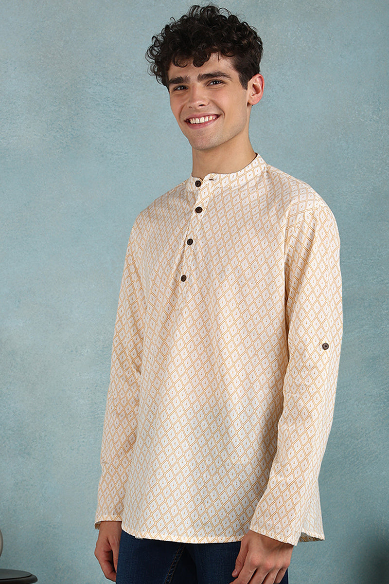 Ethnic Bay Off White Cotton Geometric Printed Straight Short Kurta For Men