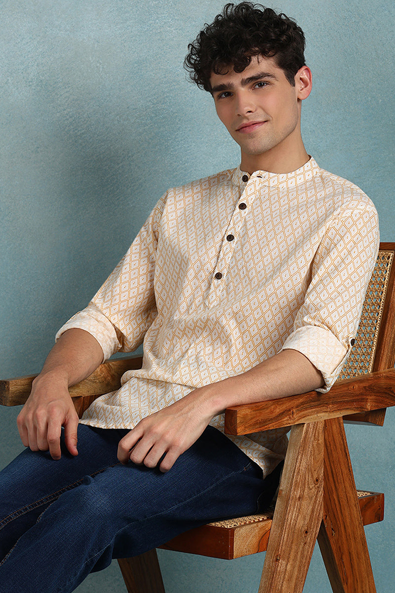 Ethnic Bay Off White Cotton Geometric Printed Straight Short Kurta For Men
