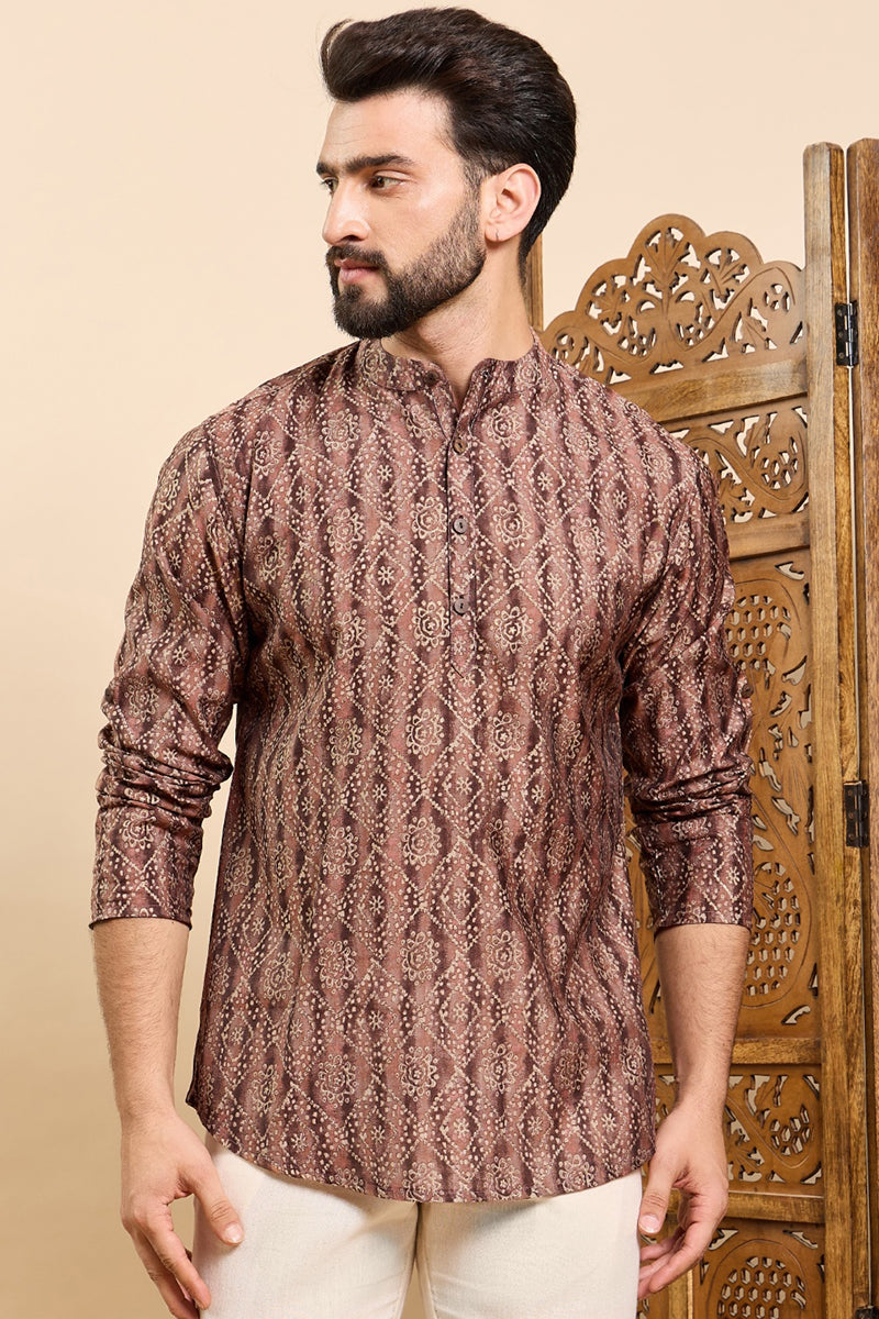 Ethnic Bay Brown Cotton Geometric Printed Ethnic Straight Short Kurta For Men