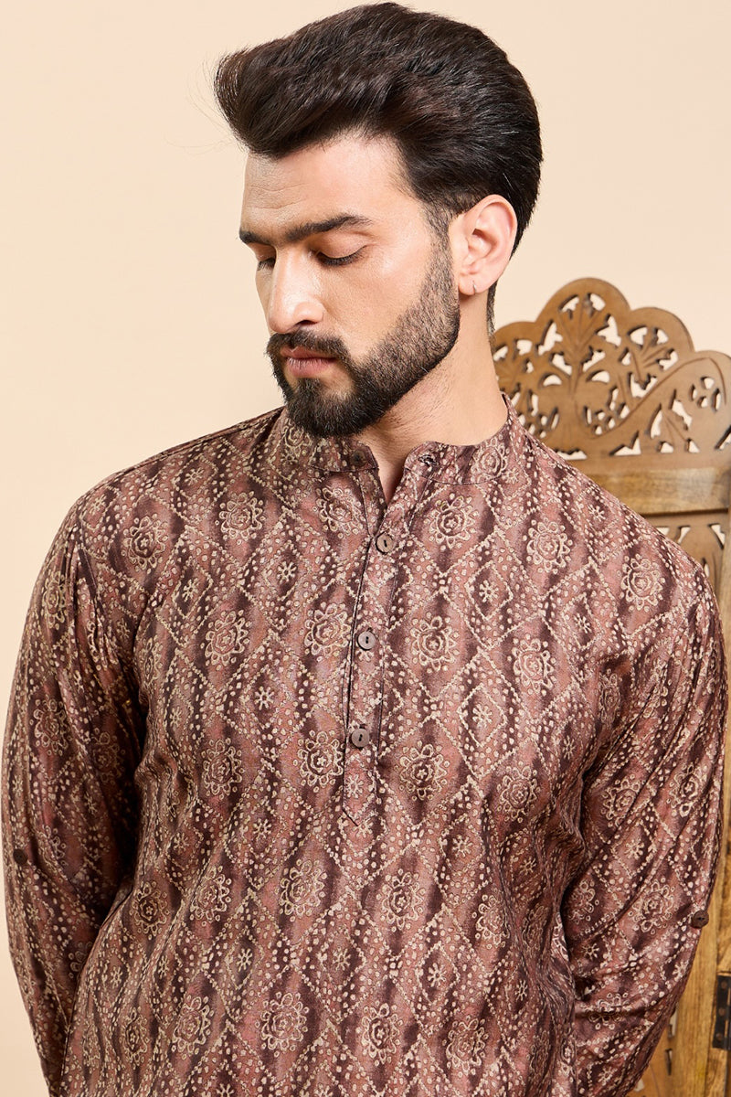 Ethnic Bay Brown Cotton Geometric Printed Ethnic Straight Short Kurta For Men