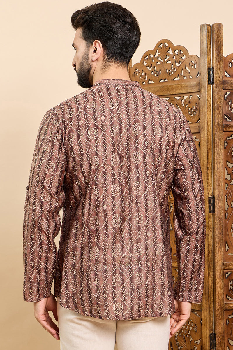Ethnic Bay Brown Cotton Geometric Printed Ethnic Straight Short Kurta For Men